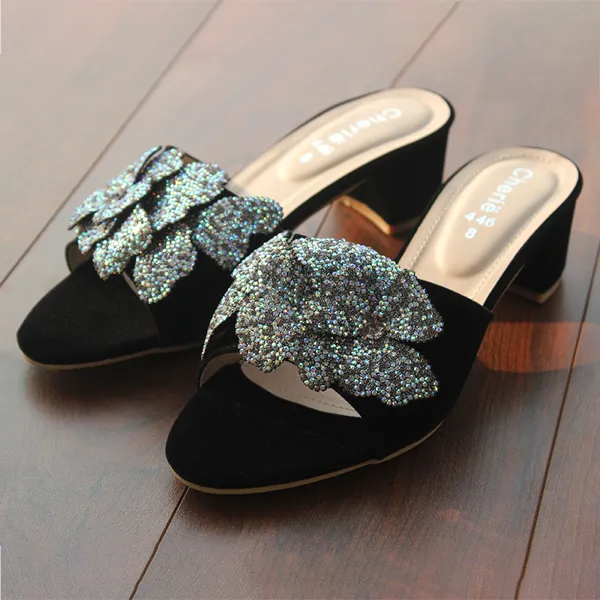 Black Fancy Heel Slippers for women