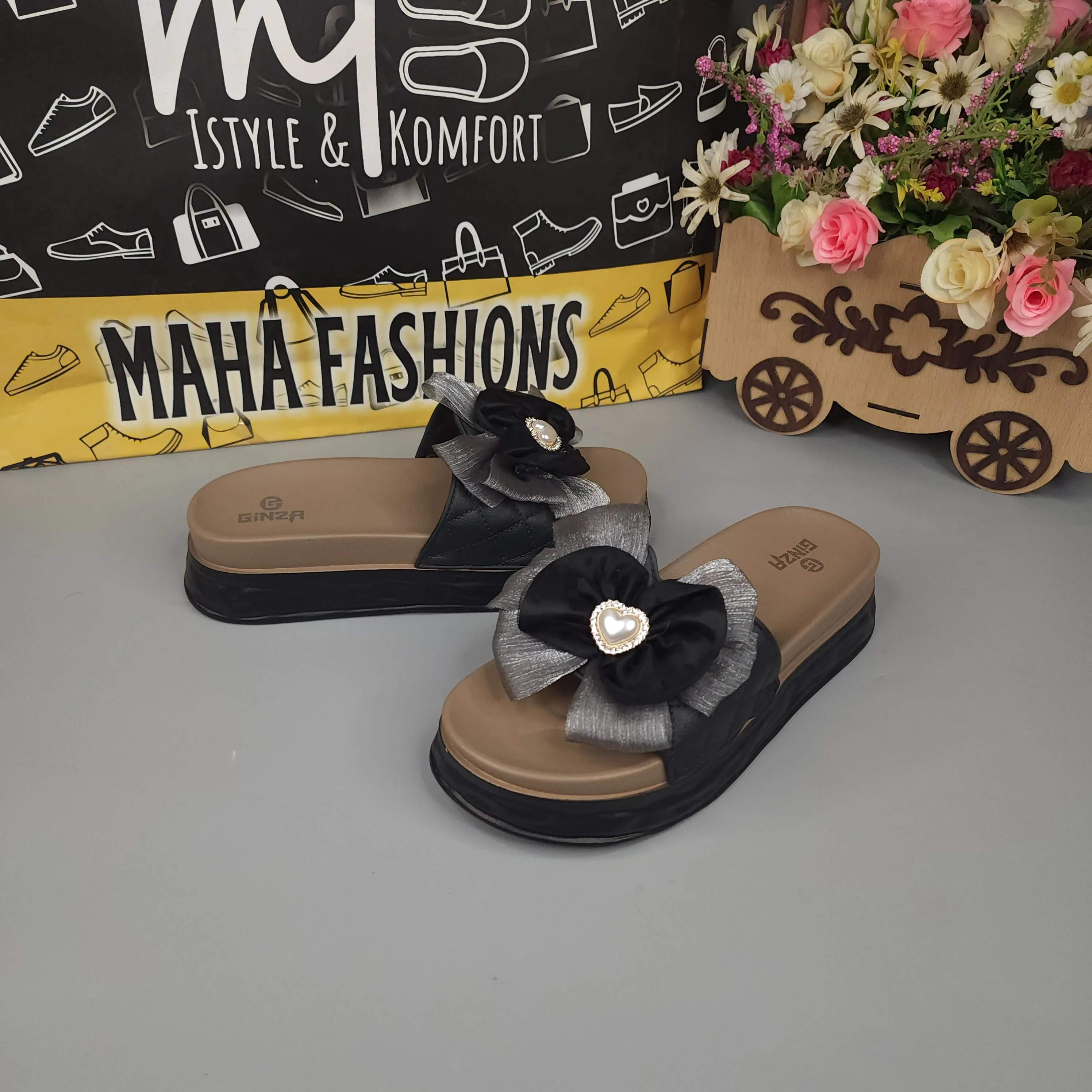 Black Floral Slides