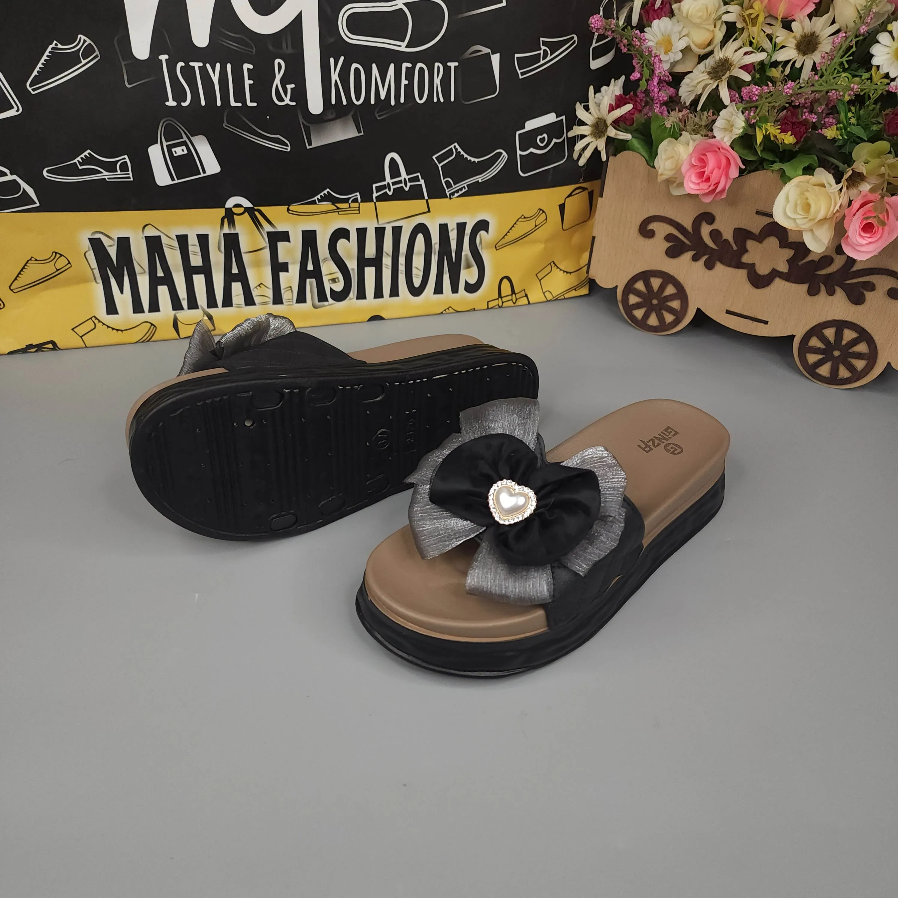 Black Floral Slides