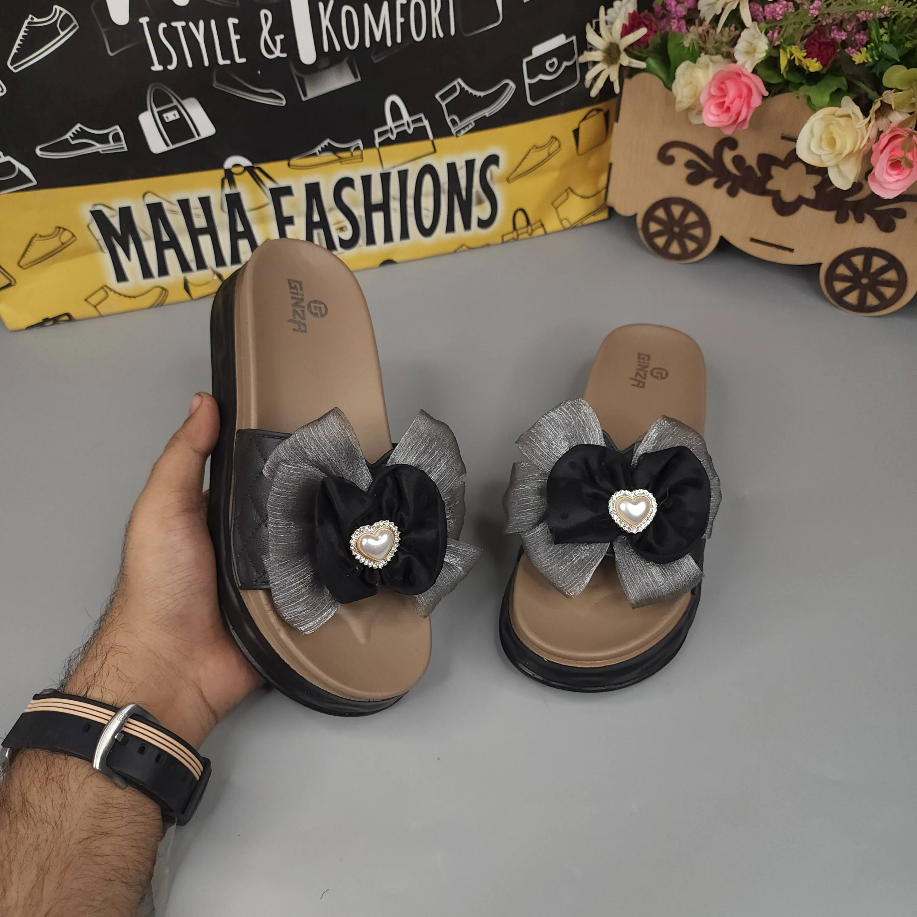 Black Floral Slides