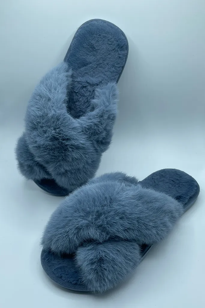 Faux Fur Cross Band Slippers | [5 Colors]