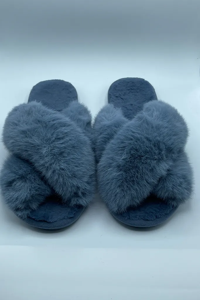 Faux Fur Cross Band Slippers | [5 Colors]