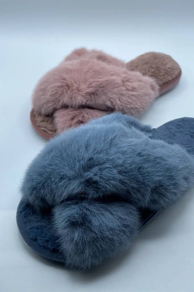 Faux Fur Cross Band Slippers | [5 Colors]