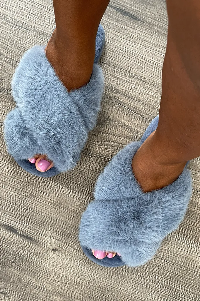 Faux Fur Cross Band Slippers | [5 Colors]