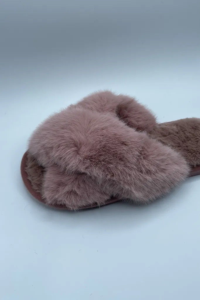 Faux Fur Cross Band Slippers | [5 Colors]