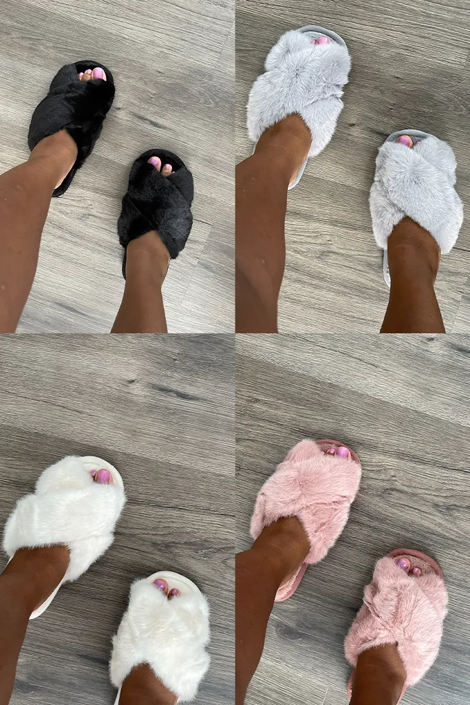 Faux Fur Cross Band Slippers | [5 Colors]