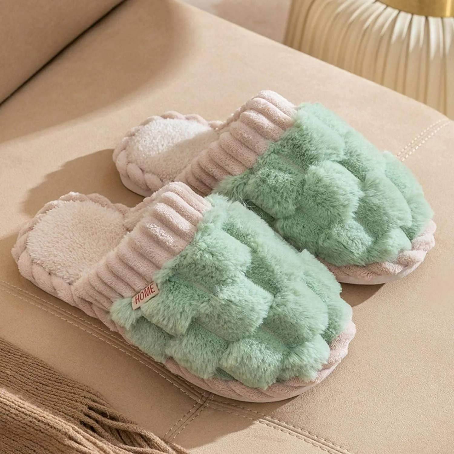 Green Waffle Plush Slippers