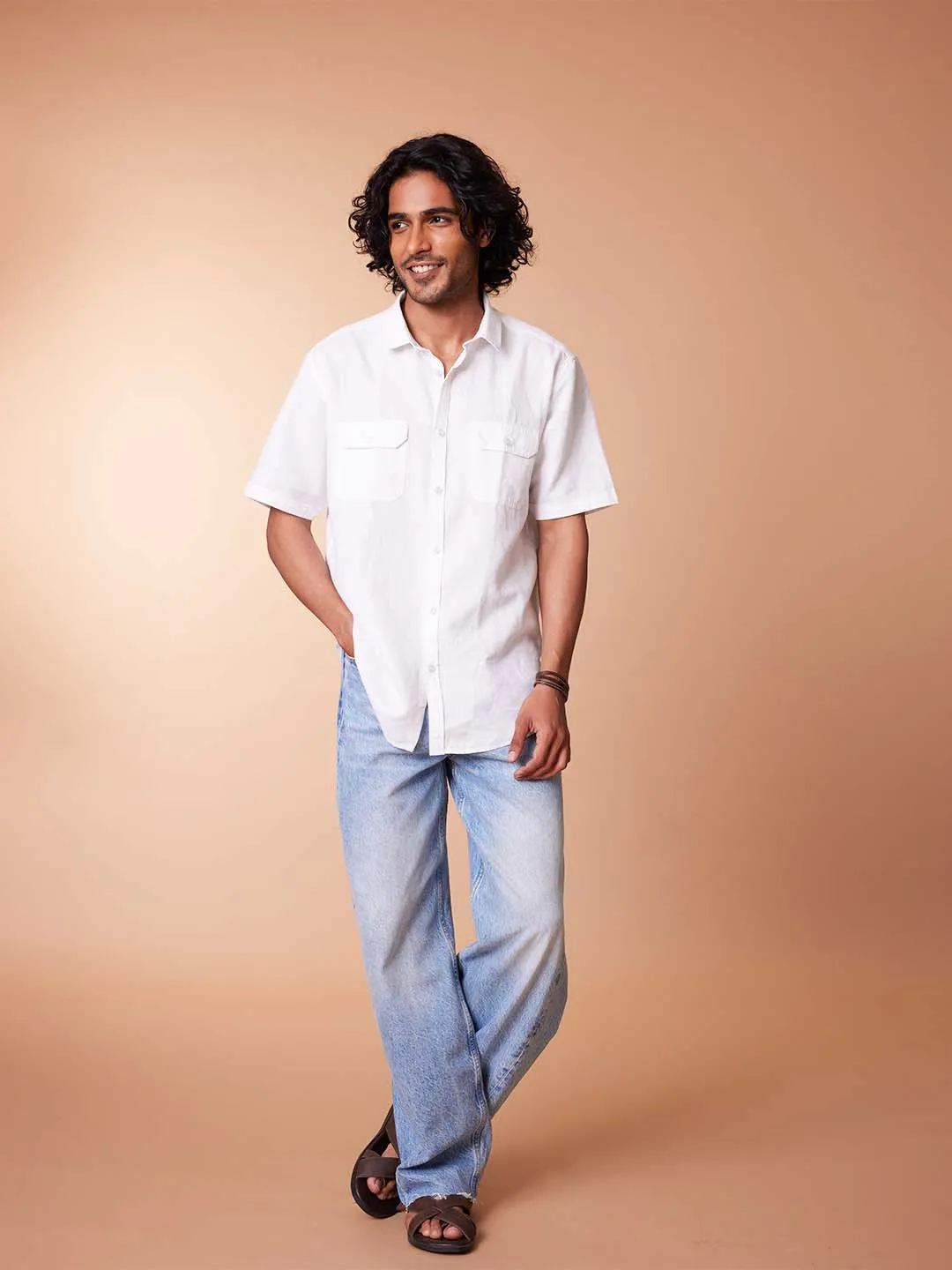 Half Sleeve Cotton Linen White Shirt - Sojourn