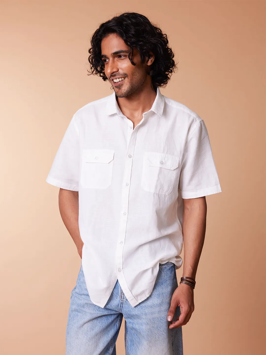 Half Sleeve Cotton Linen White Shirt - Sojourn