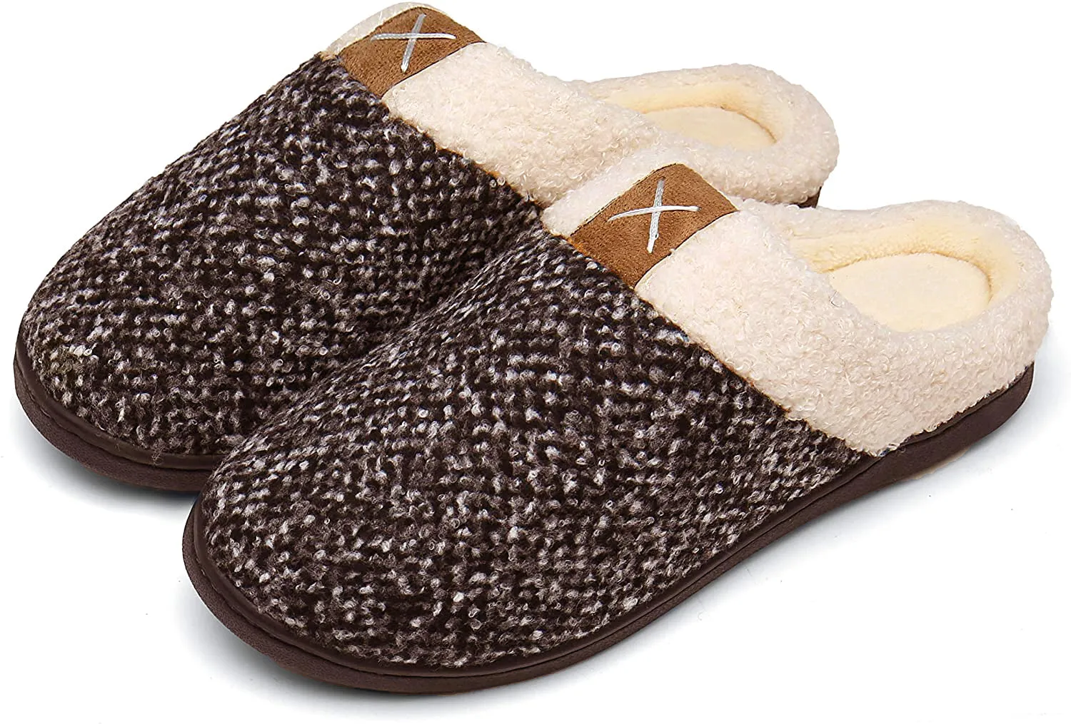 Haute Edition Tweed Cozy Faux Fur Lined Scuff Clog Indoor Outdoor Slippers