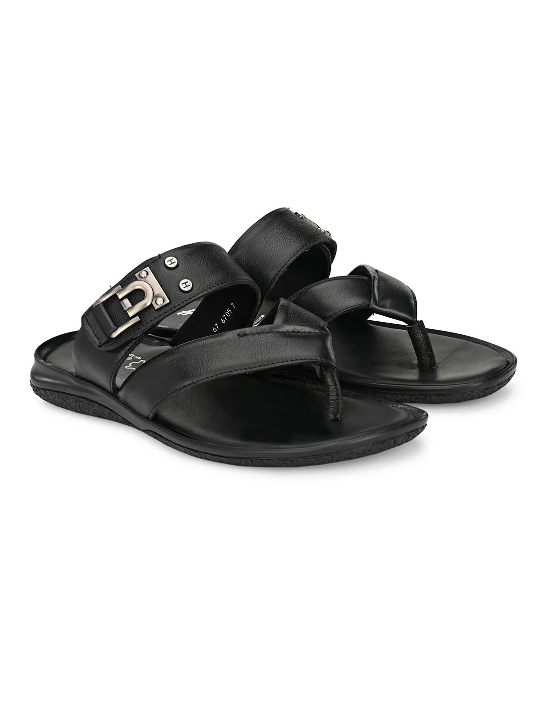 Hitz Men's Black Leather Open Toe Slippers