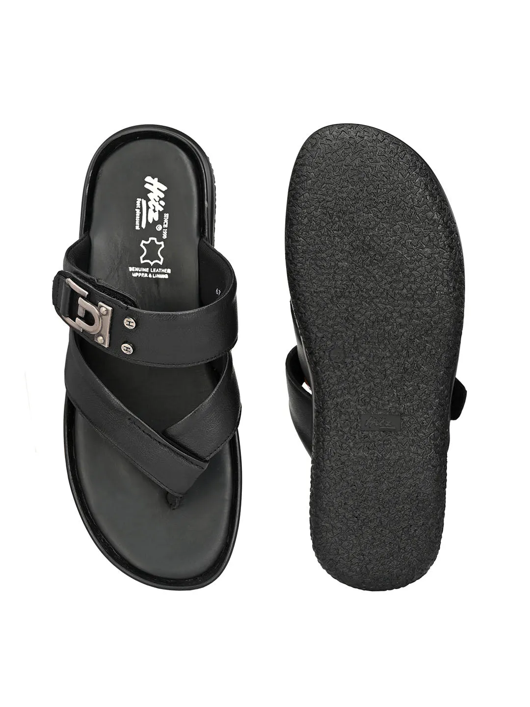 Hitz Men's Black Leather Open Toe Slippers