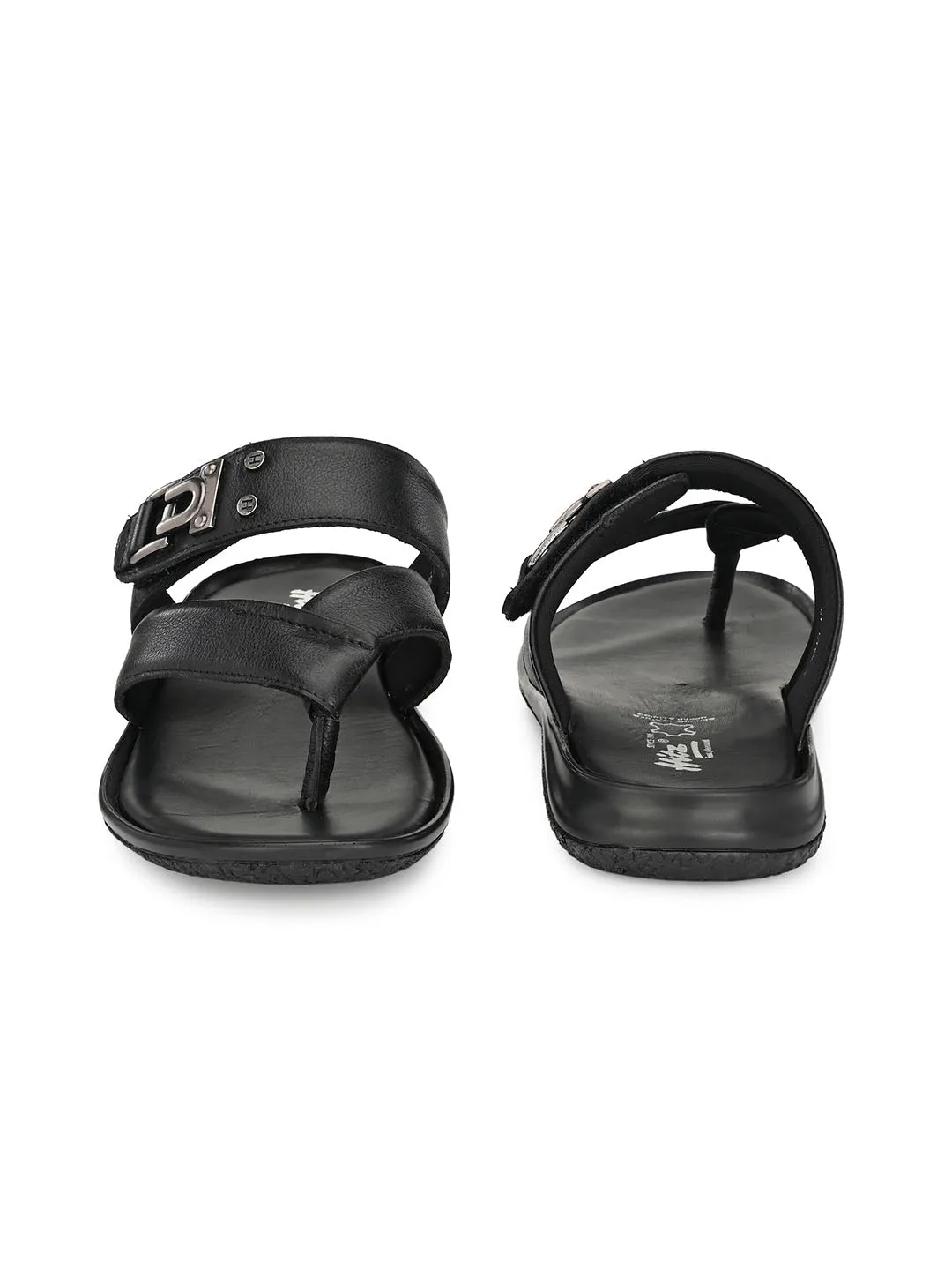 Hitz Men's Black Leather Open Toe Slippers