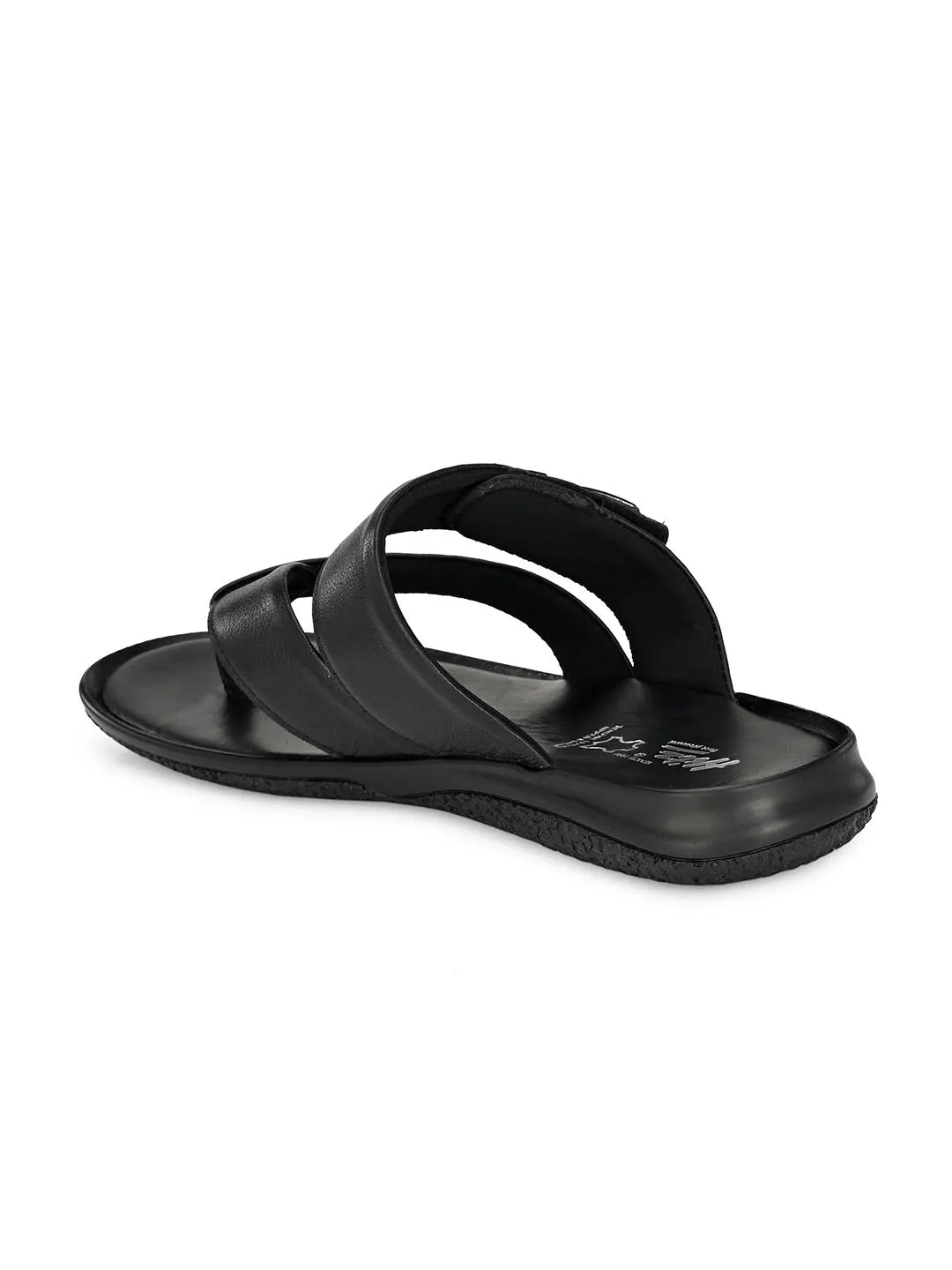 Hitz Men's Black Leather Open Toe Slippers