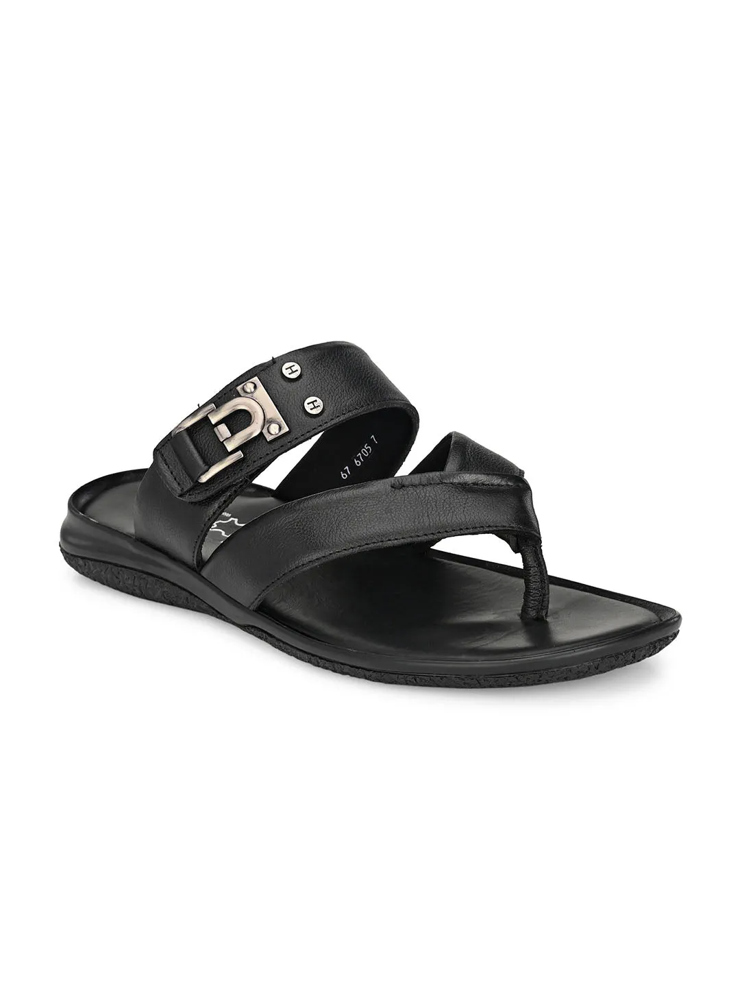 Hitz Men's Black Leather Open Toe Slippers