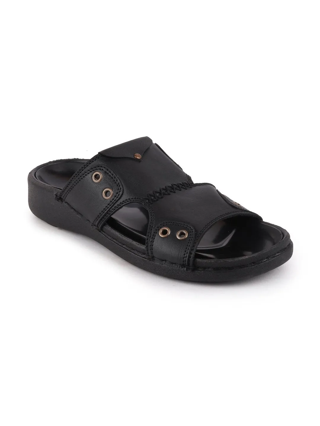 Men Black Casual Leather Slip-On Pad Slippers