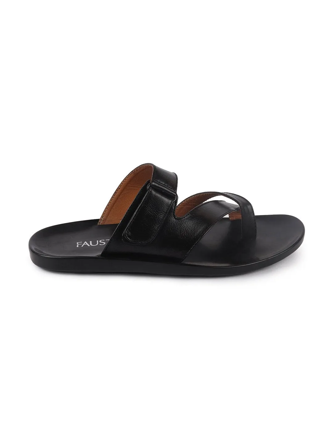 Men Black Hook & Loop Criss Cross Toe Ring Slipper