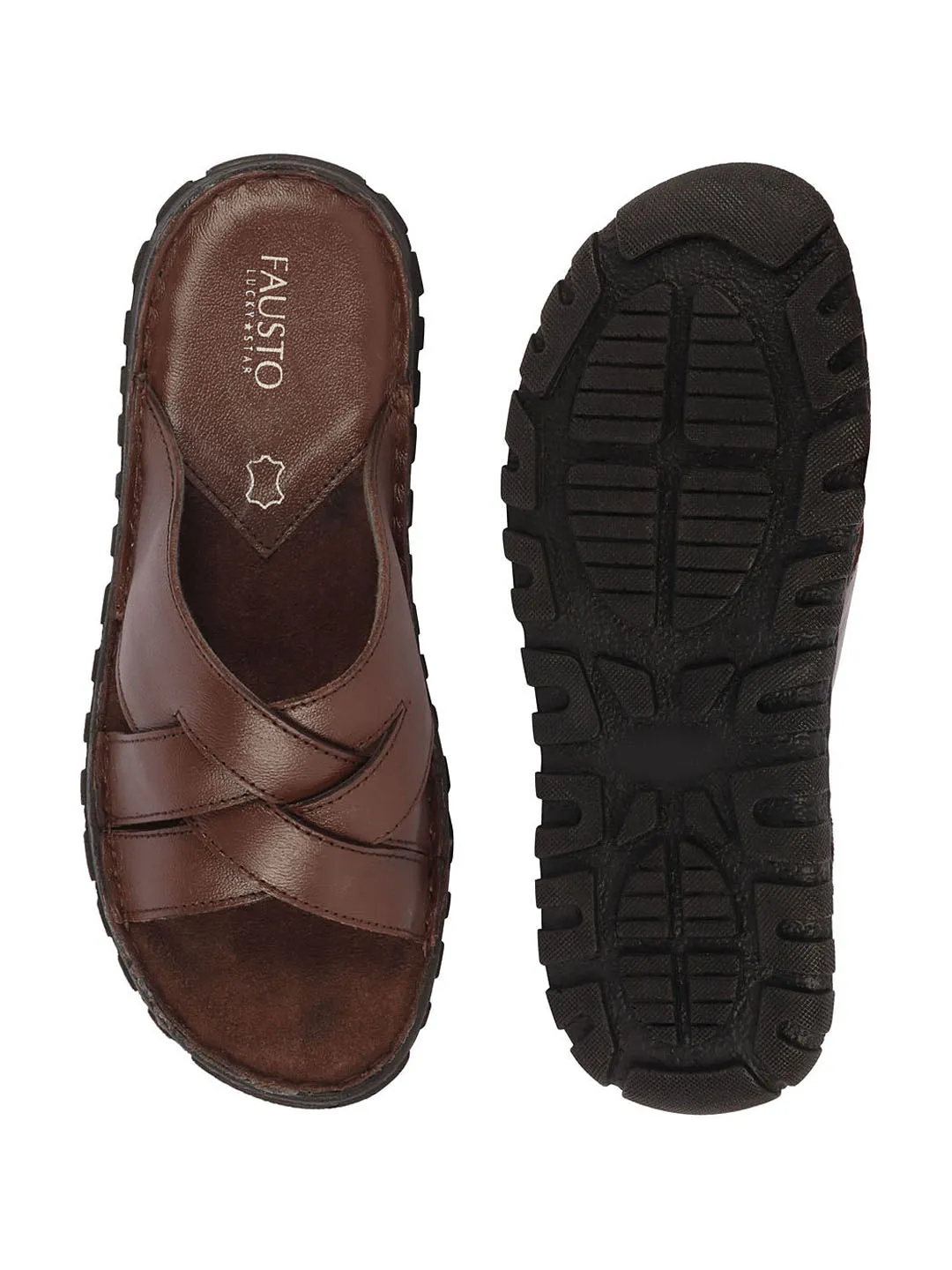 Men Brown Genuine Leather Multi Cross Strap Open Toe Suede Leather Insole Slippers