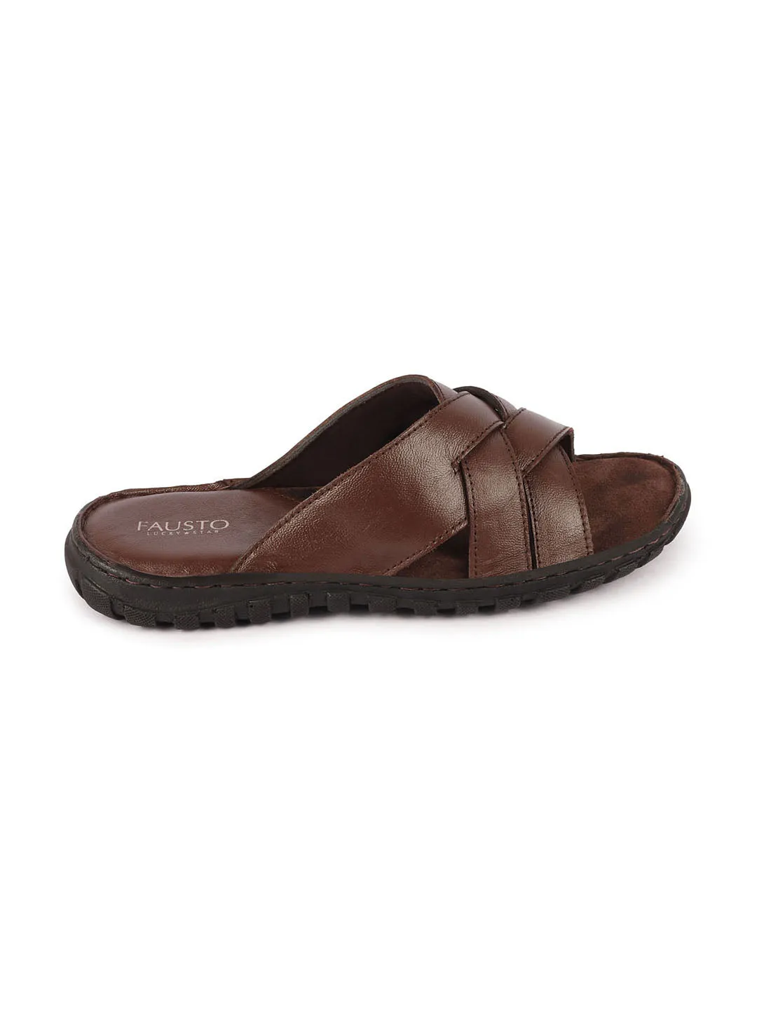 Men Brown Genuine Leather Multi Cross Strap Open Toe Suede Leather Insole Slippers