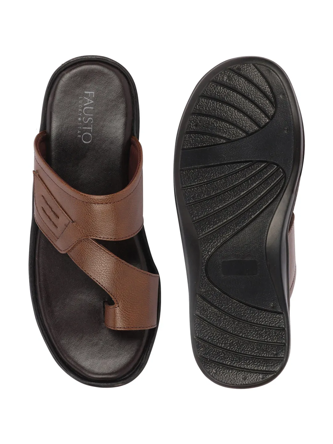 Men Tan Daily Indoor Outdoor Multi Strap Slip On Toe Ring Slipper