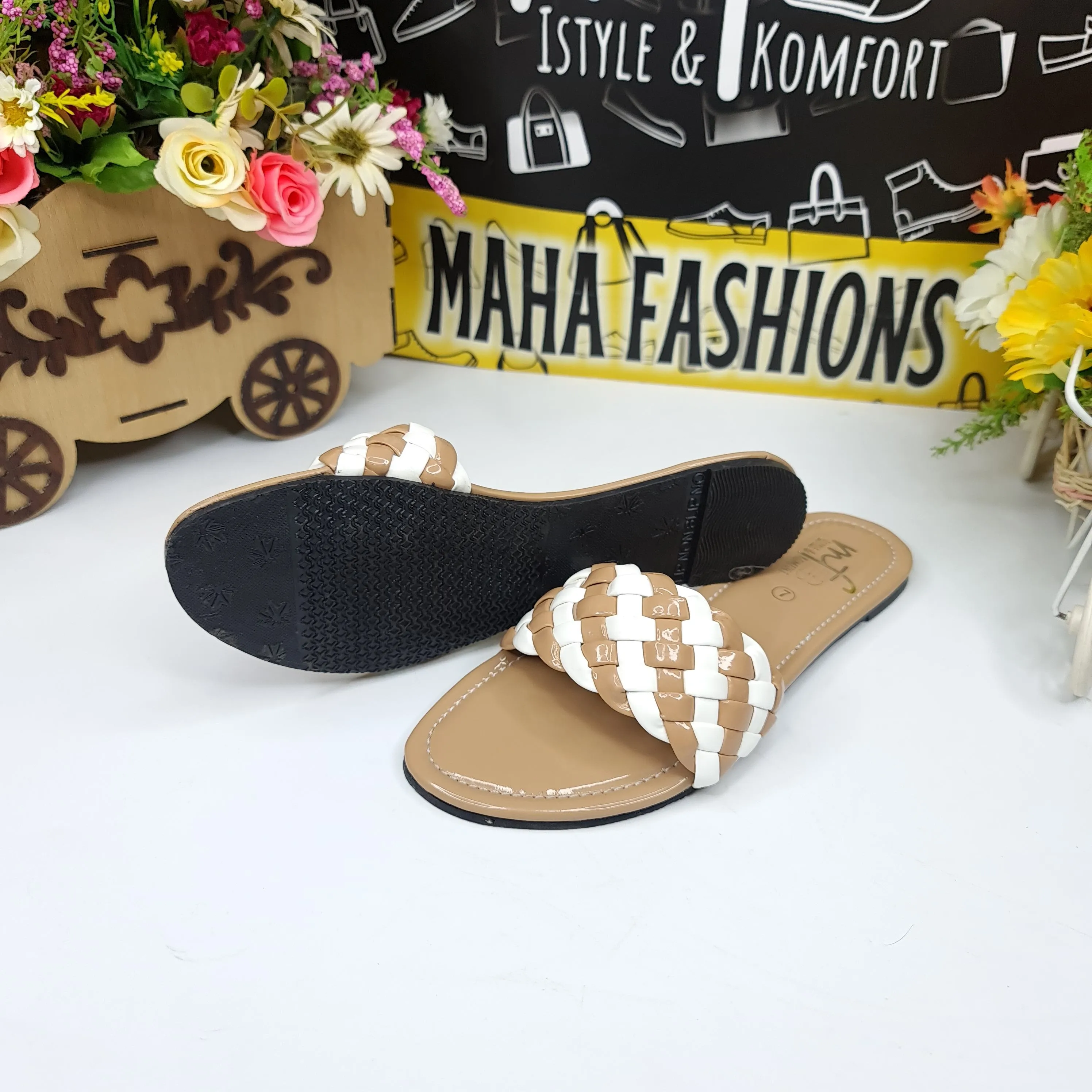 Mustard White Patten Flat Slippers