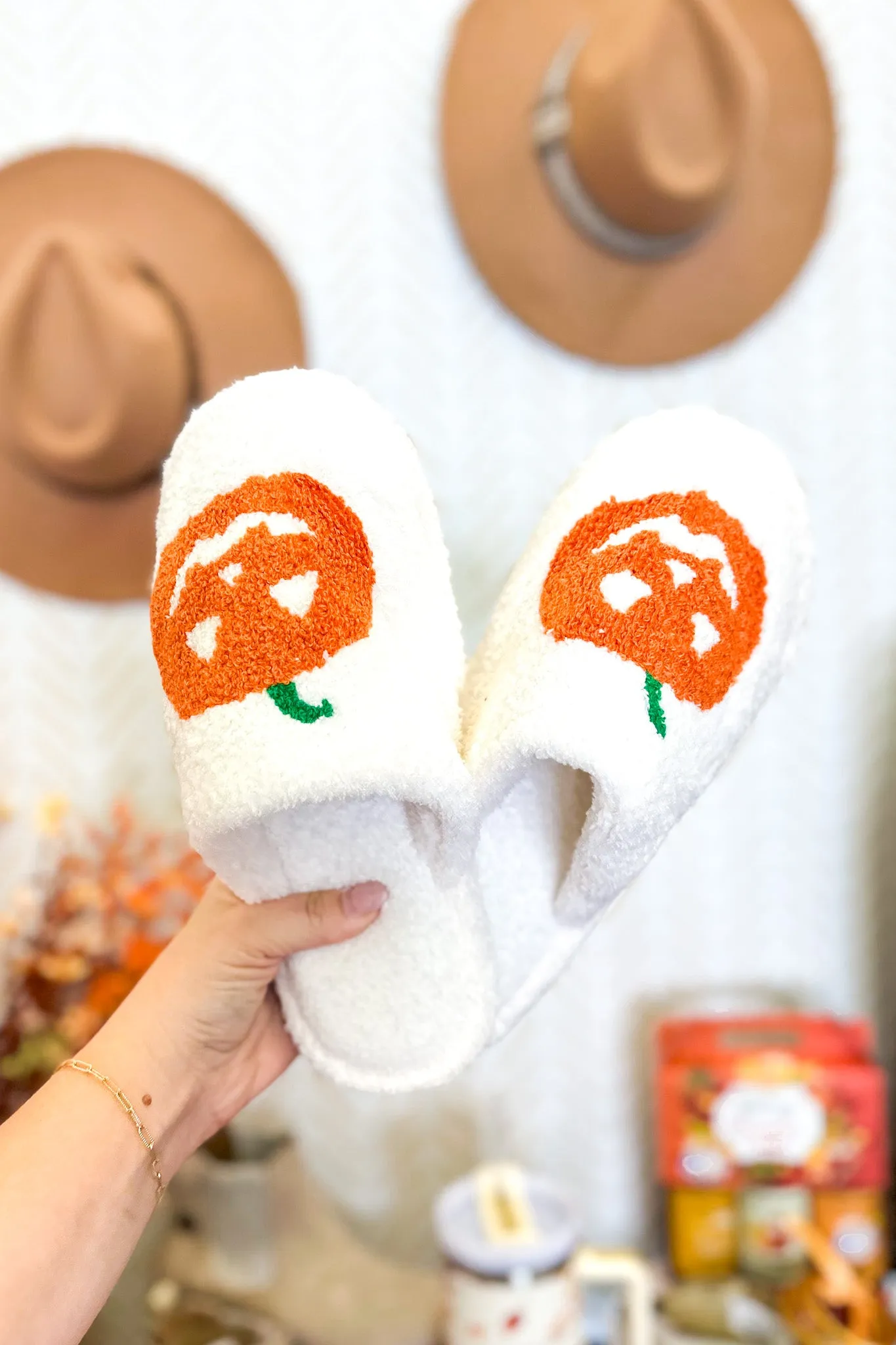 Plush Jack O Lantern Halloween Slide On Slippers, White