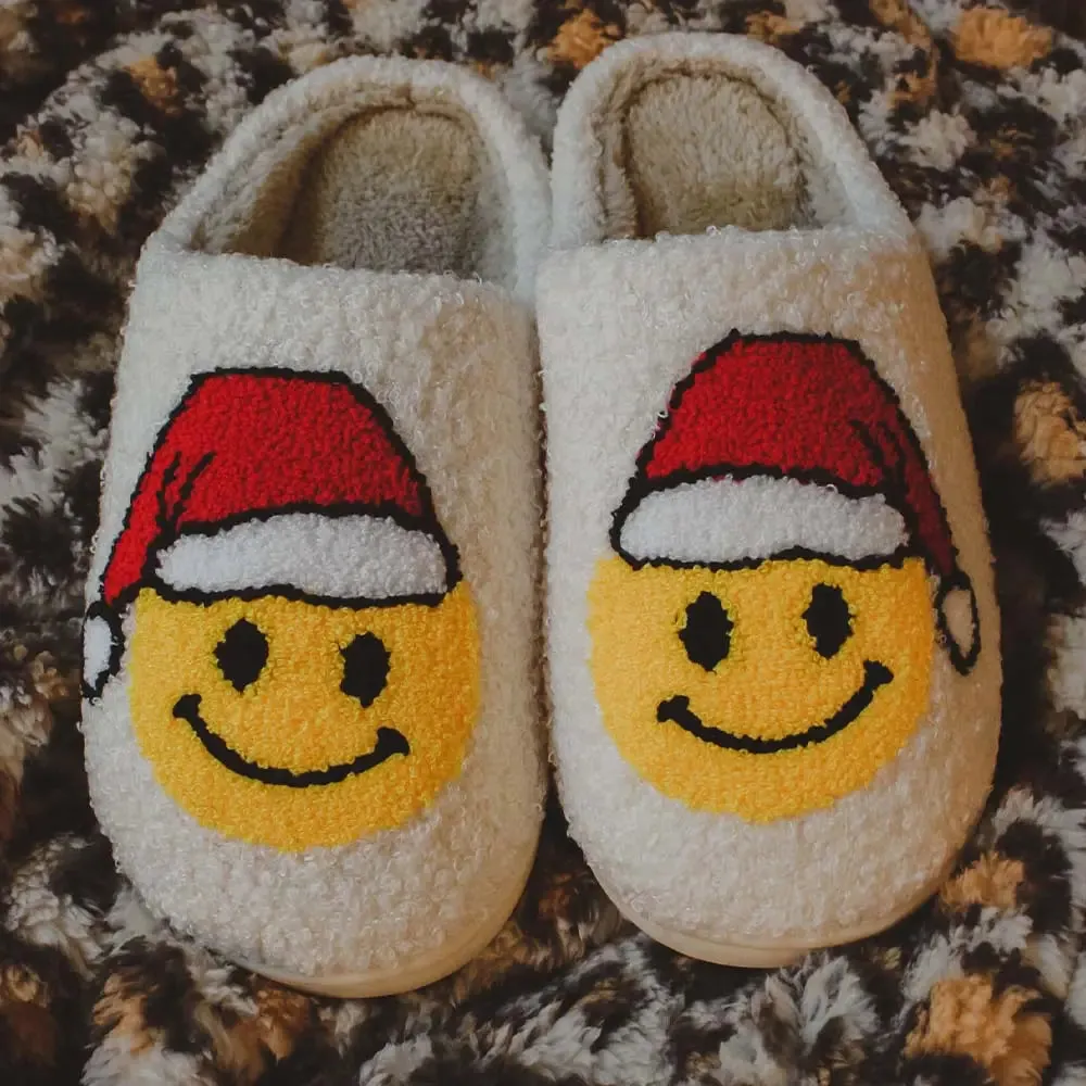 Santa Christmas Happy Face Sherpa Slippers