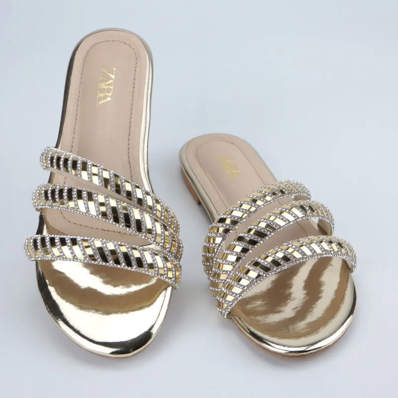 Shiny Metallic Straps Fancy Causal Slipper