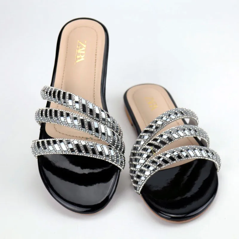 Shiny Metallic Straps Fancy Causal Slipper