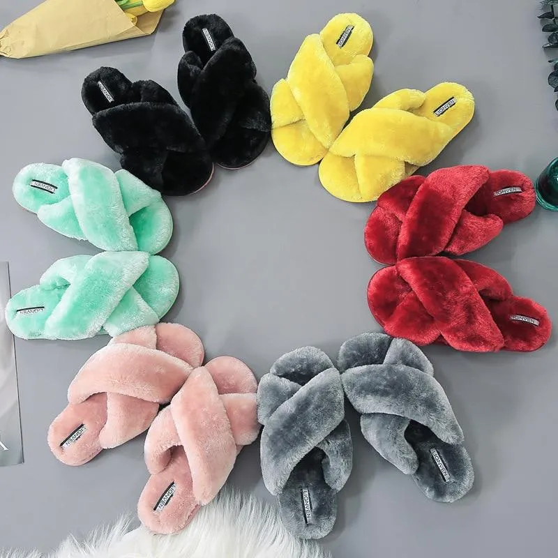 Slippers Warm Faux Fur Cross Soft Plush Furry