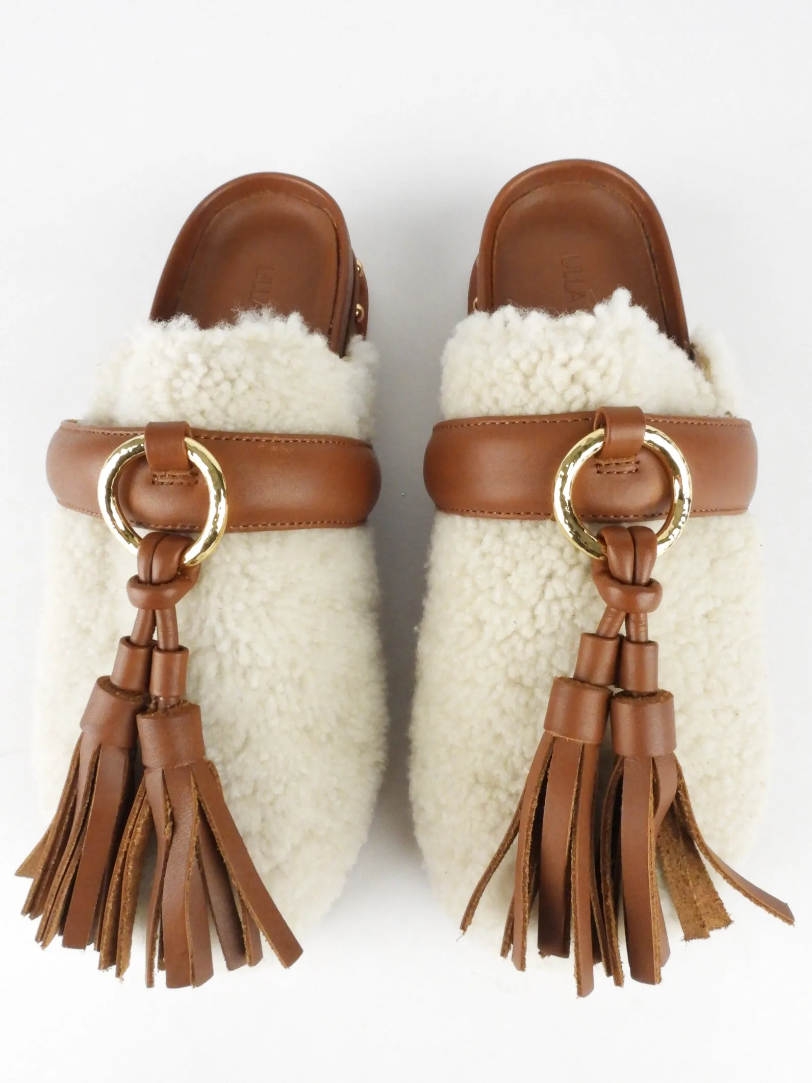 Ulla Johnson Brown Leather and Shearling Studded Platform Mule Slippers - 37