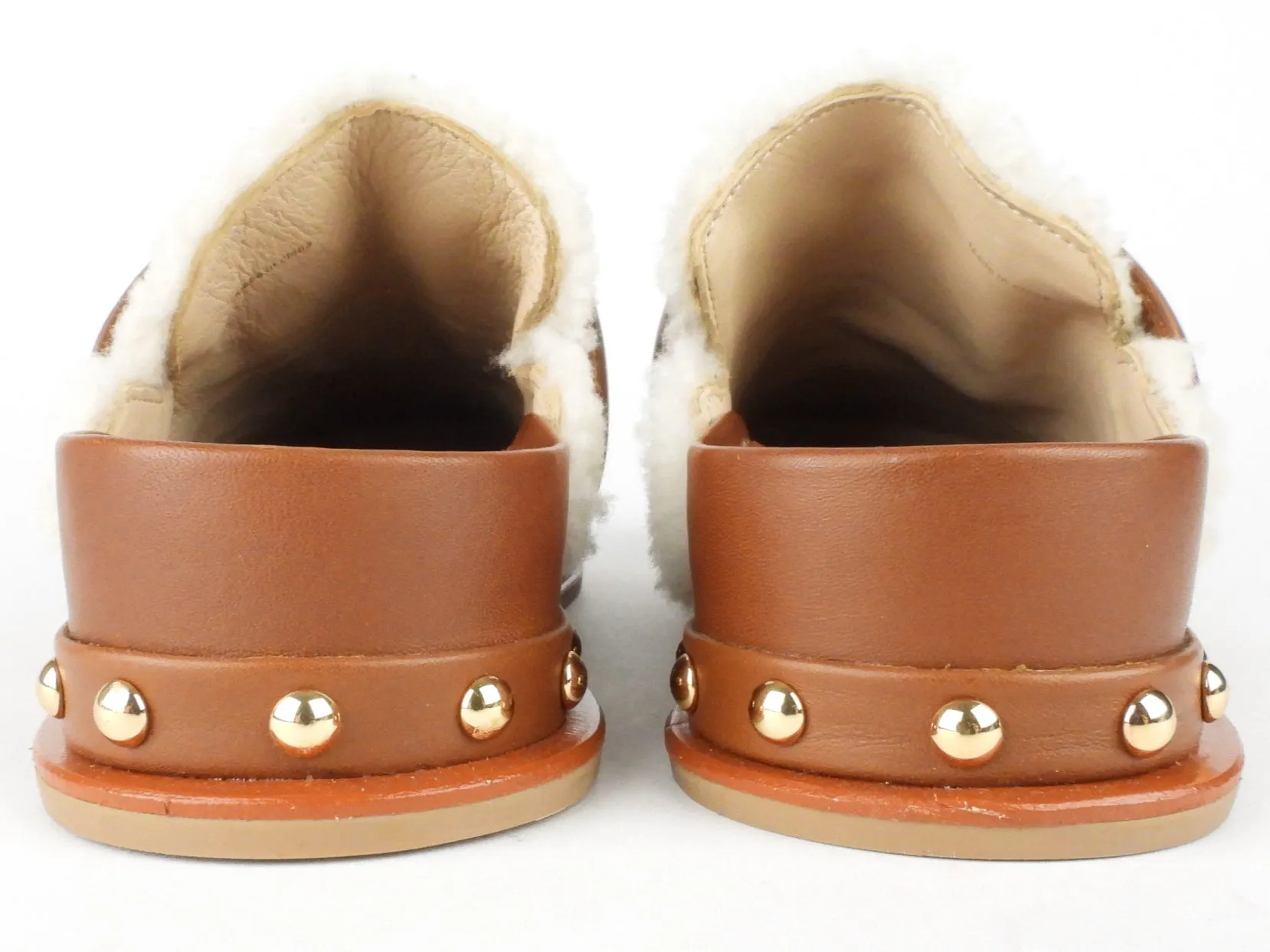 Ulla Johnson Brown Leather and Shearling Studded Platform Mule Slippers - 37