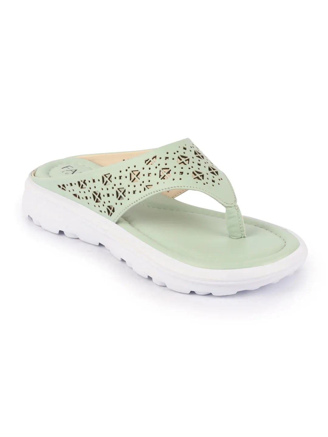 Women Green Party Fashion Stylish Laser Cut Design Strap Thong Flats Wedges Slipper